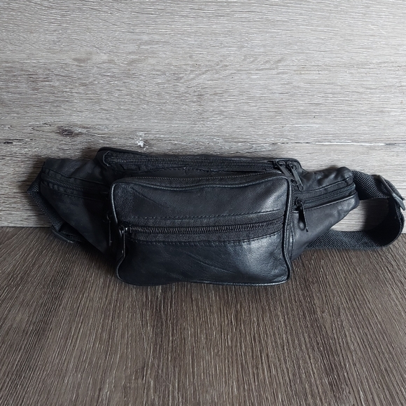 Vintage Black Leather Fanny Pack Waist Bag - Picture 1 of 6